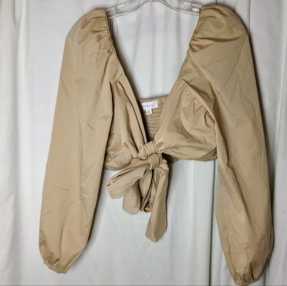 EUC Mable Angel Self Tie Front Baddie Crop LARGE Preppy Puff Sleeve Club Scandi - Picture 6 of 8